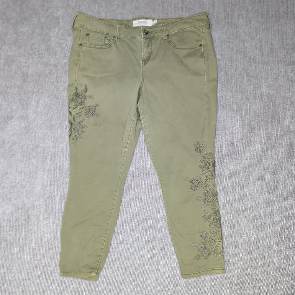 Torrid Olive Green Floral Embroidered Skinny Pants Womens 14 Stretch Twill